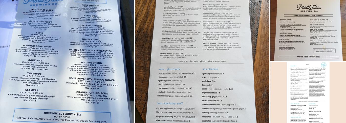 Pond Farm Brewing Company Menu
