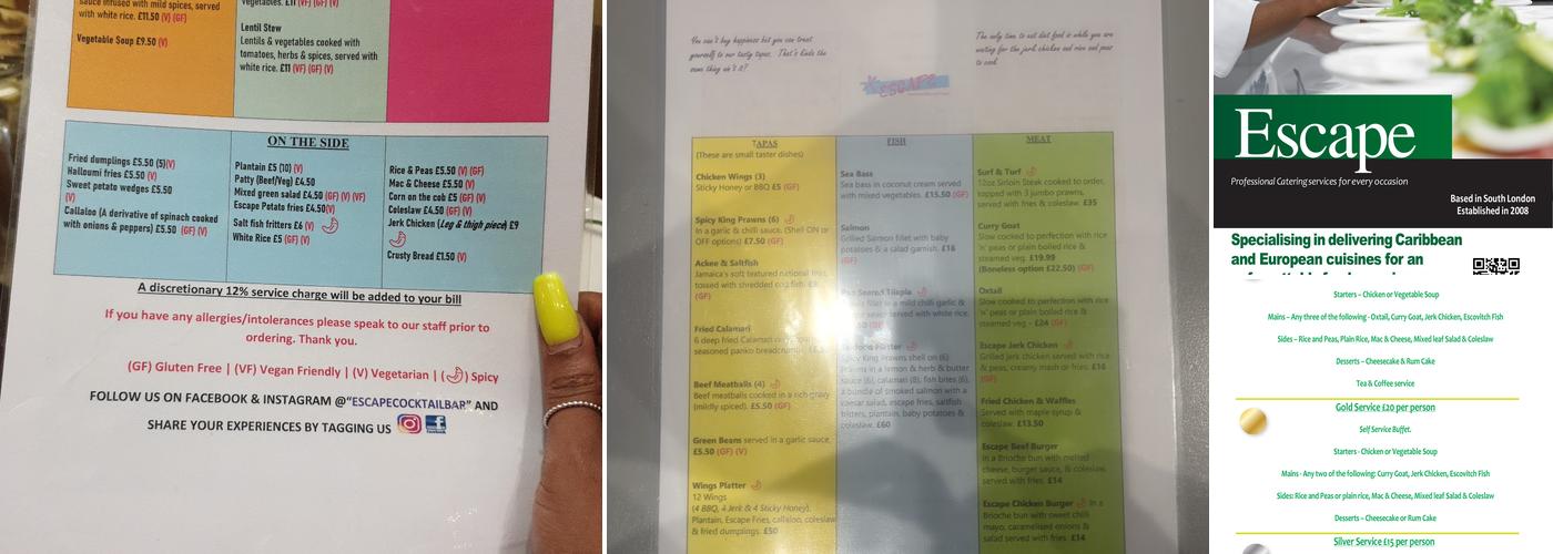 Escape Bar and Caribbean Tapas Menu