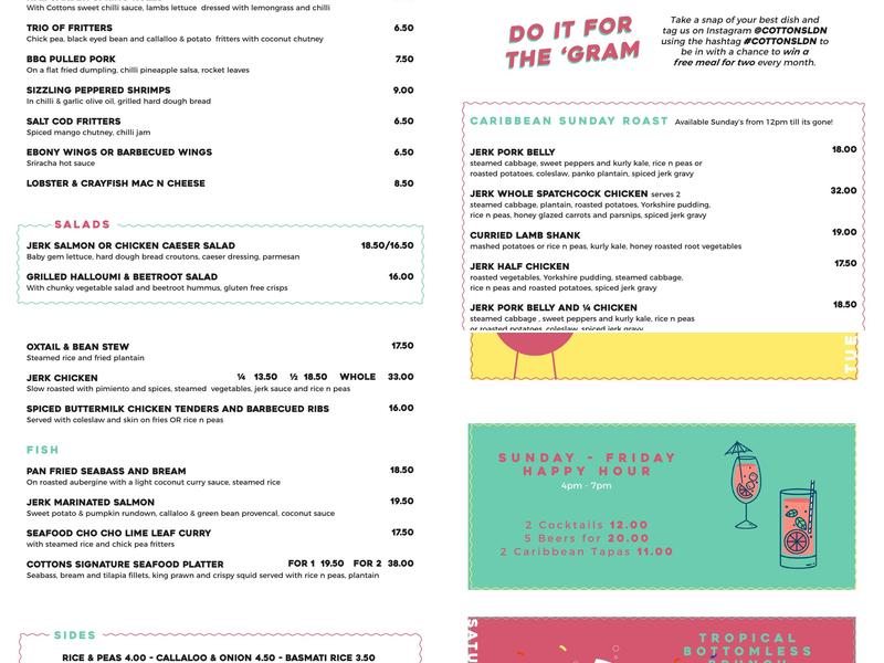 Cottons Vauxhall Menu