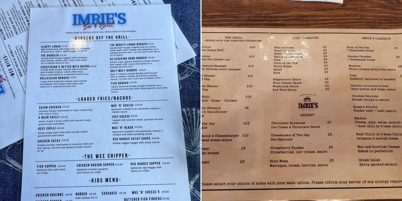 Imrie's Bar & Grill Menu