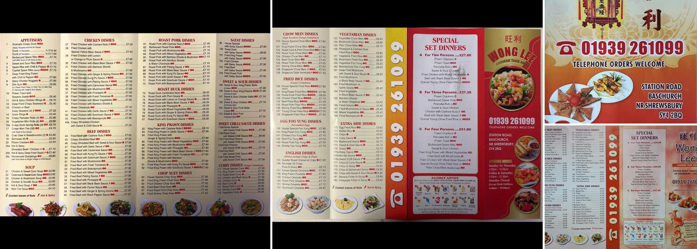Wong Lee Chinese Take Away Menu