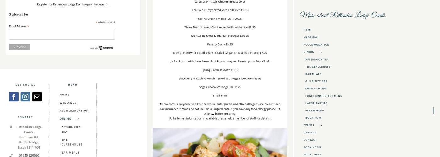 Rettendon Lodge Events Menu