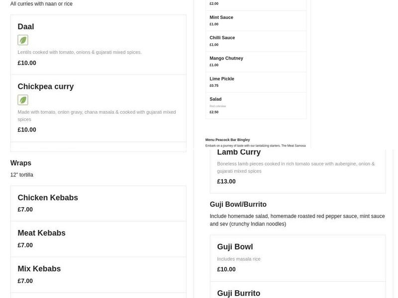 Peacock Bar Bingley Menu