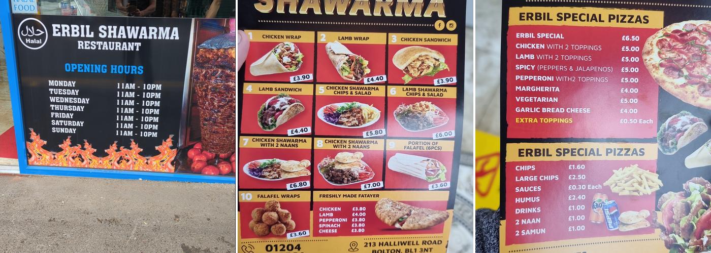 Erbil Shawarma Menu