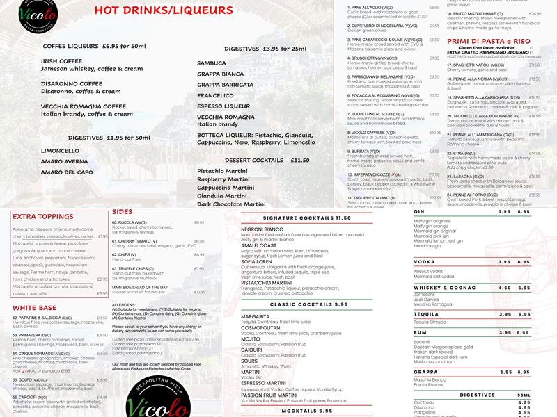 Vicolo Restaurant Pizza and Pasta Menu