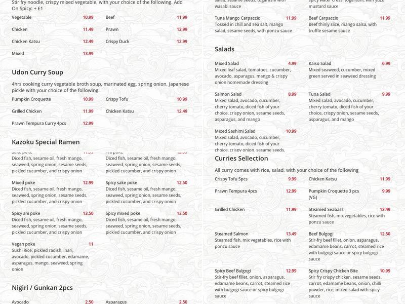 Kazoku Pan Asian Restaurant Menu