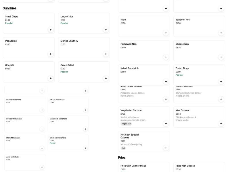 Hot Spot, West Yorkshire Menu
