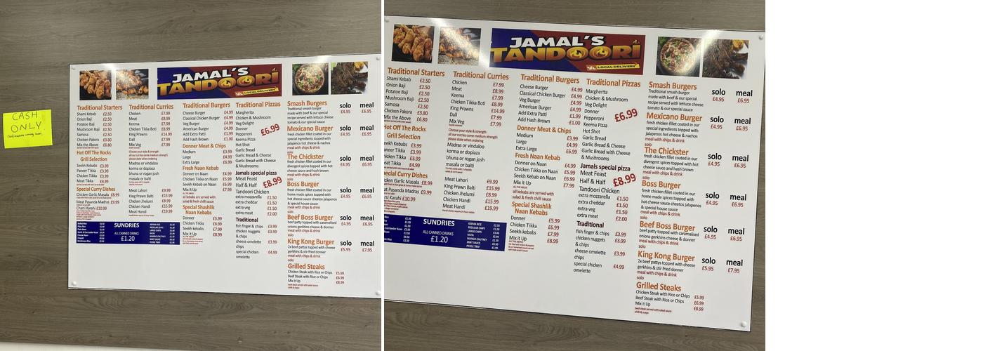 Jamals tandoori Menu