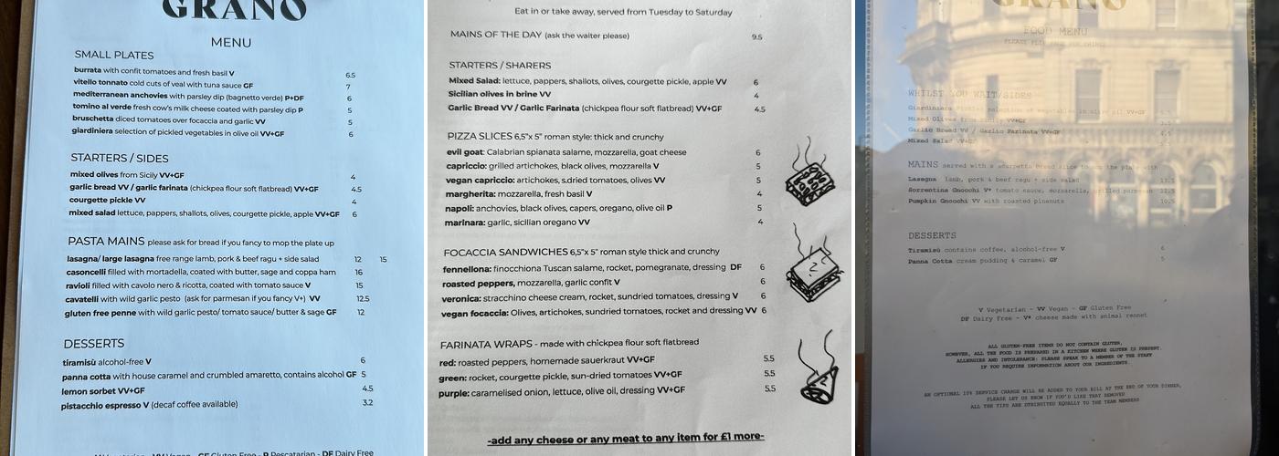 Grano Menu