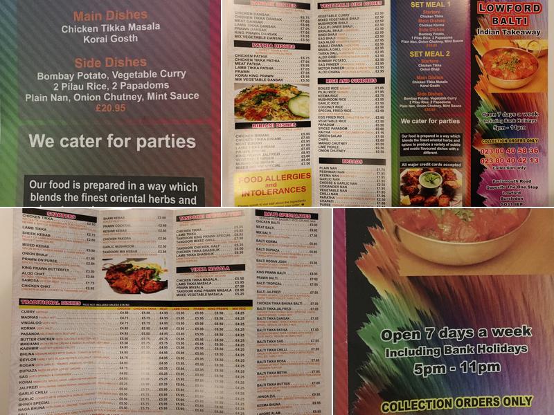 Lowford Indian Takeaway Menu