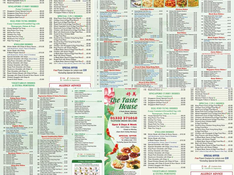 The Taste House, Chinese Takeaway Menu
