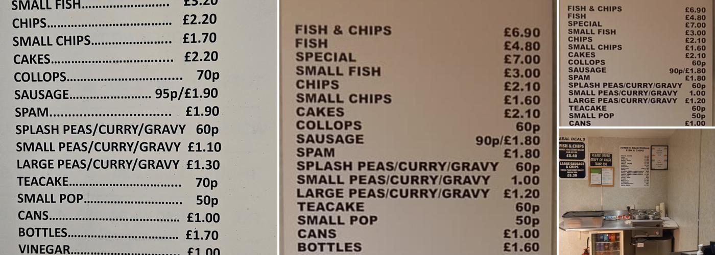 Arnies Fish and Chips Menu