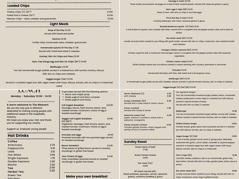 The Weavers Menu