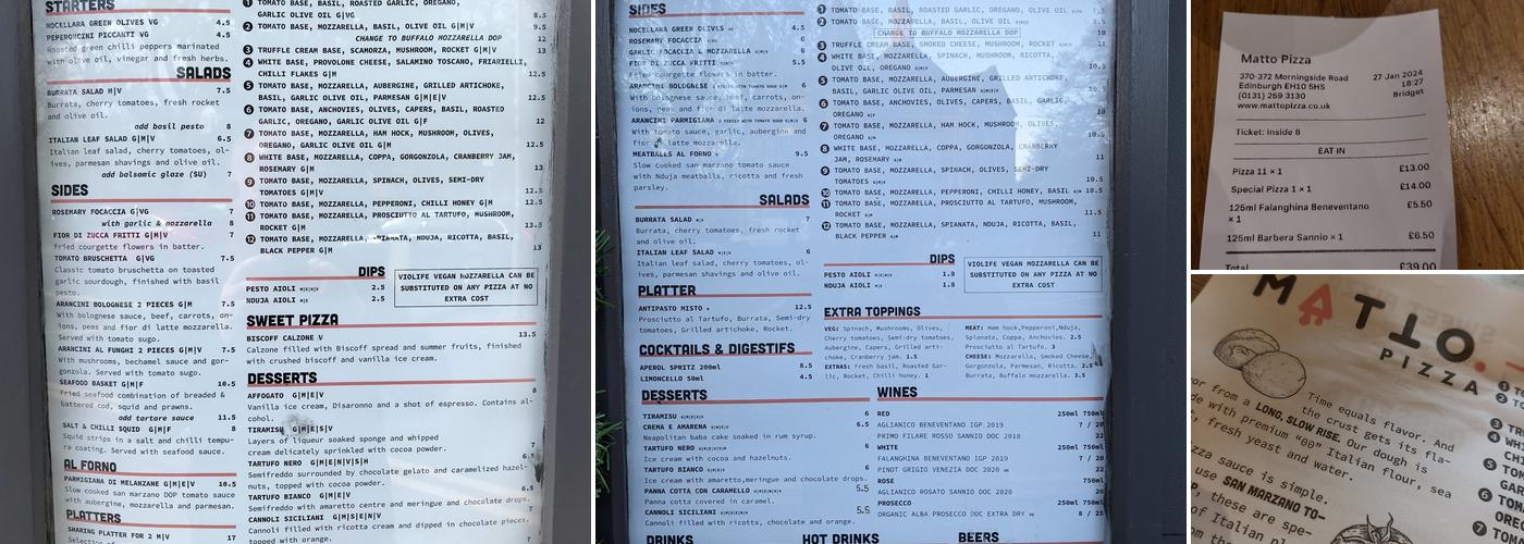 Matto Pizza Menu