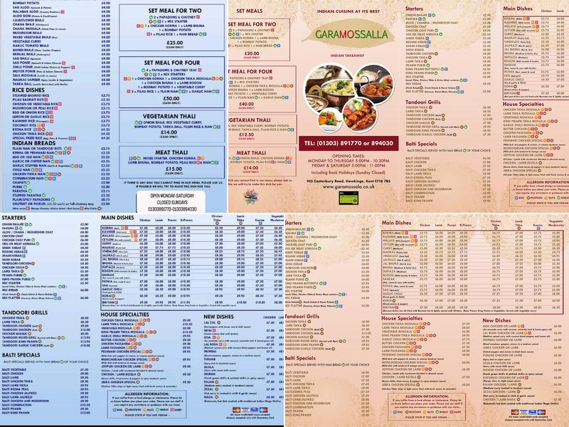 Garam Mossala Menu