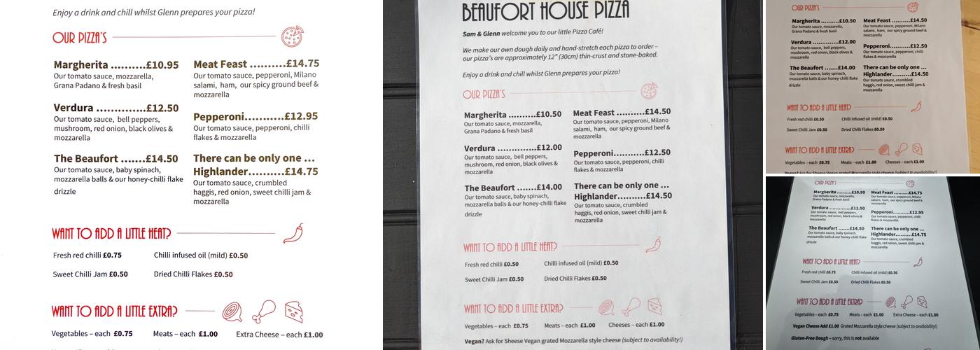 Beaufort House PIZZA Menu