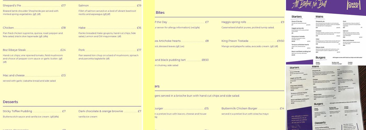 The Caddy Shack Bar and Restaurant Menu