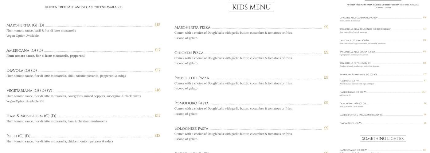 The Italian Sul Lago Milton Keynes Menu