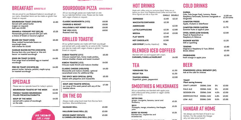 The Climbing Hangar Cafe Menu