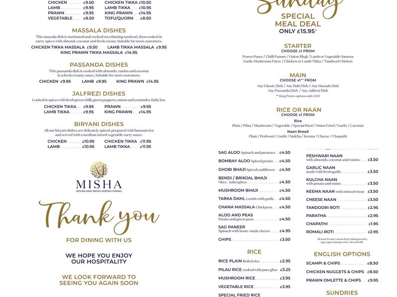 Misha | Indian restaurant in Great Yarmouth Menu