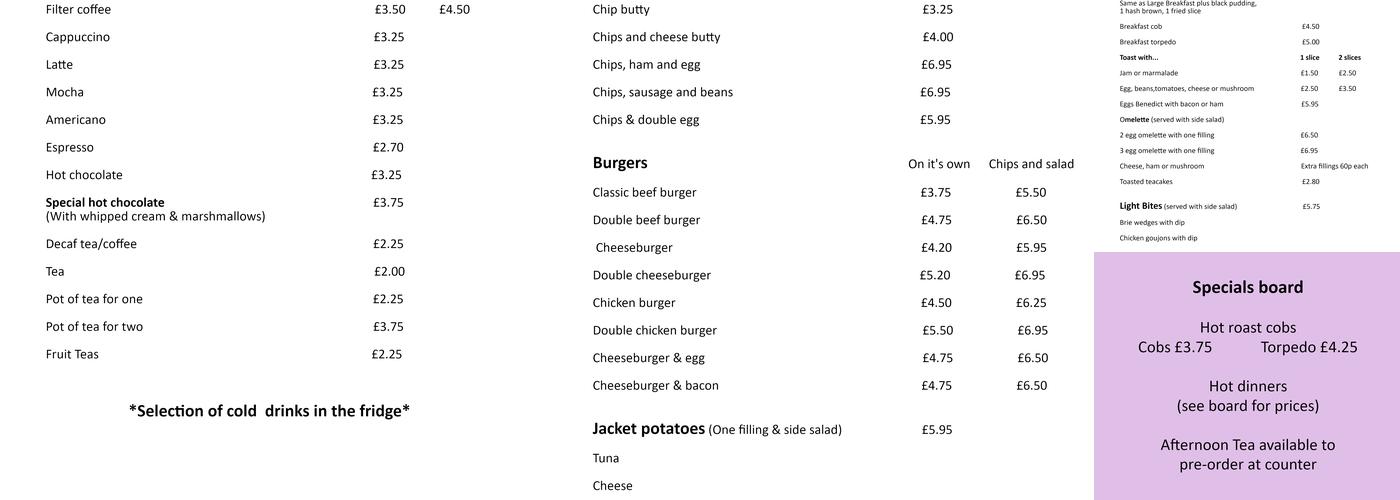 Old School Tea Rooms Menu