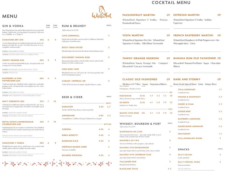 WhataHoot Distillery,Bar and Gin School Menu