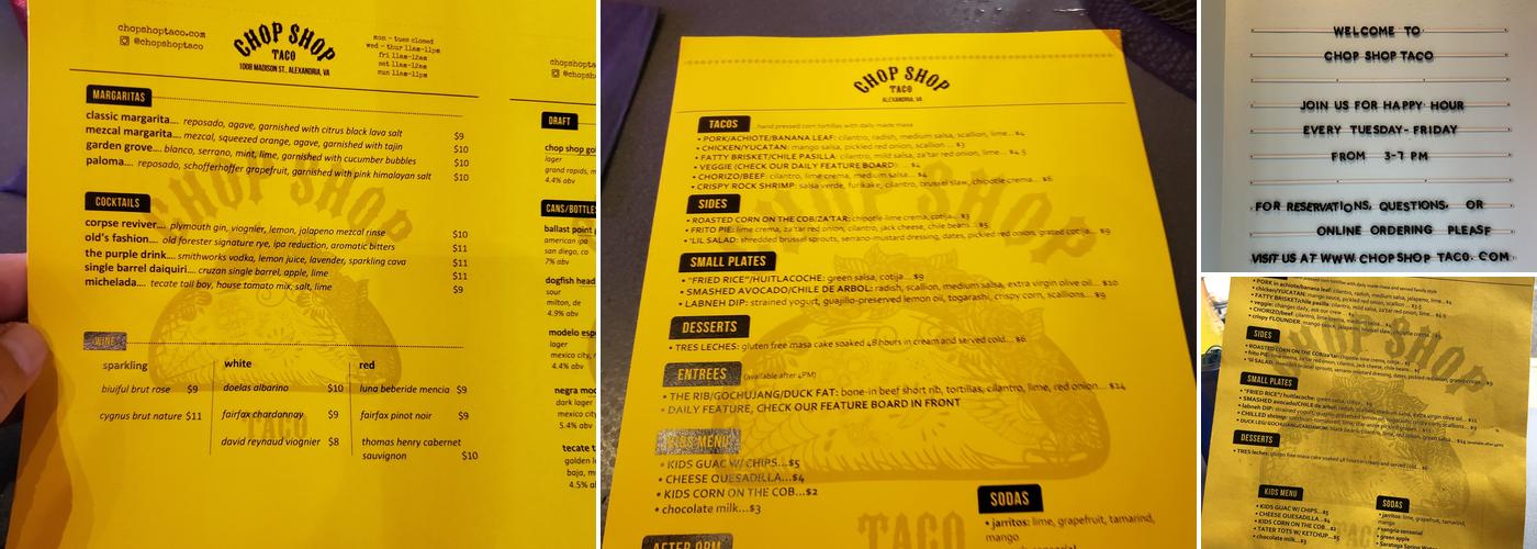 CHOP SHOP TACO Menu