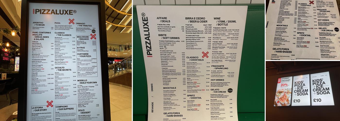PizzaLuxe Pizza Restaurant Manchester Arndale Menu