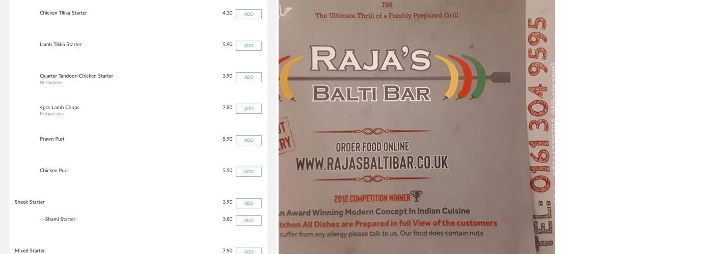 Rajas Balti Bar Menu