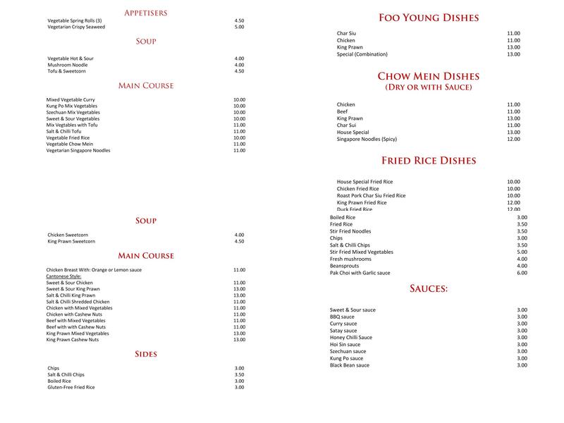 The Auld Hoose Chinese Restaurant Menu