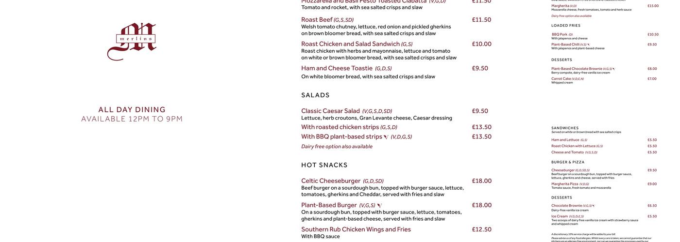 Merlins Bar Menu