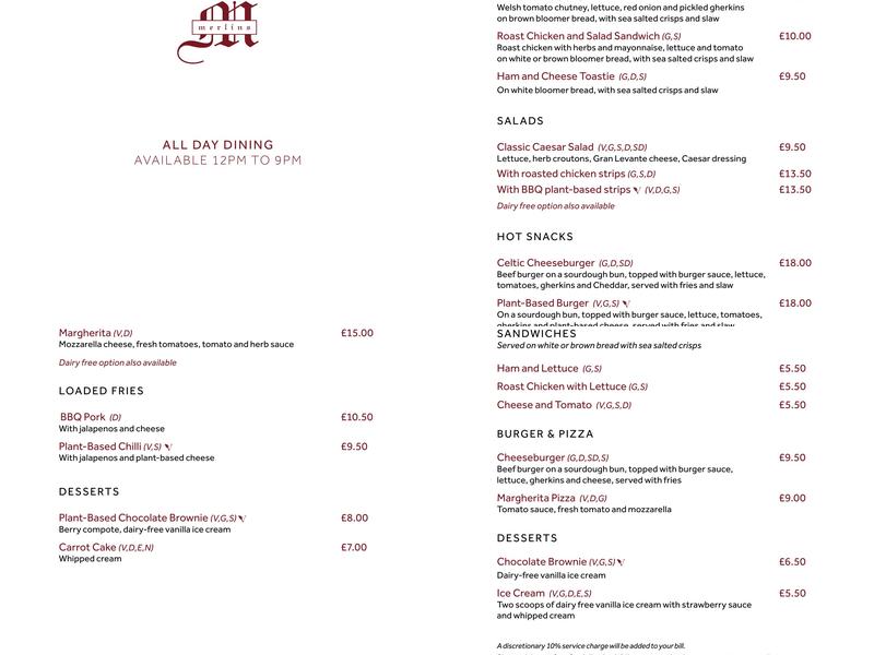 Merlins Bar Menu