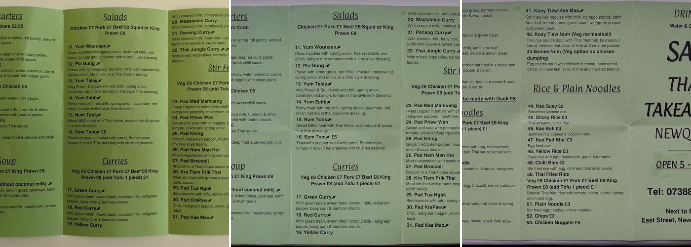 Saa Thai Takeaway Menu