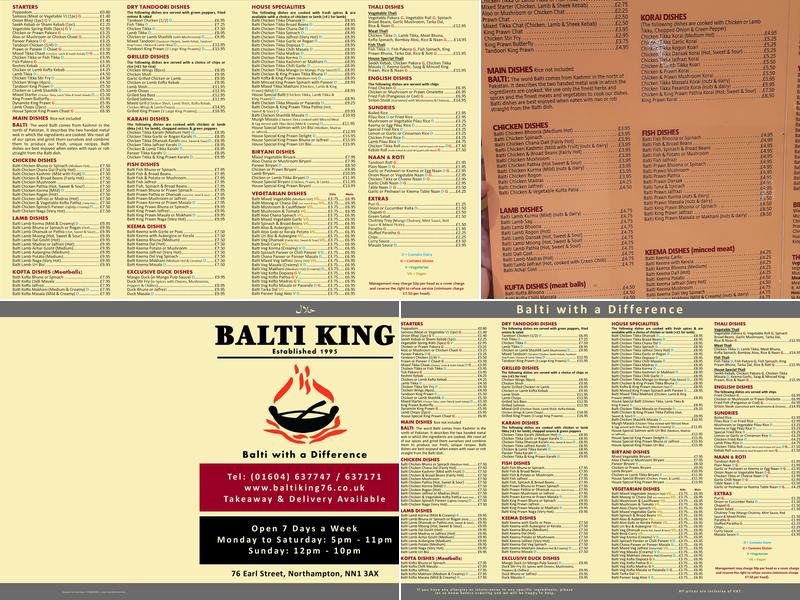 Balti King Menu