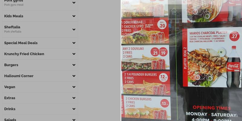 Mario's Real Charcoal Menu