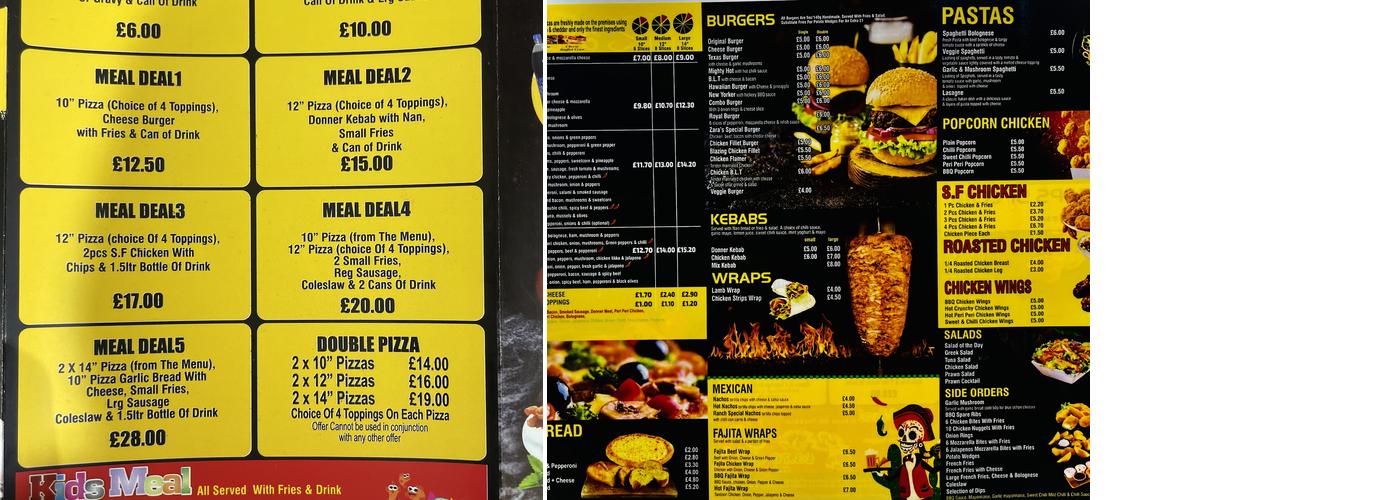 Zara’s Pizzas and Fish Bar Menu