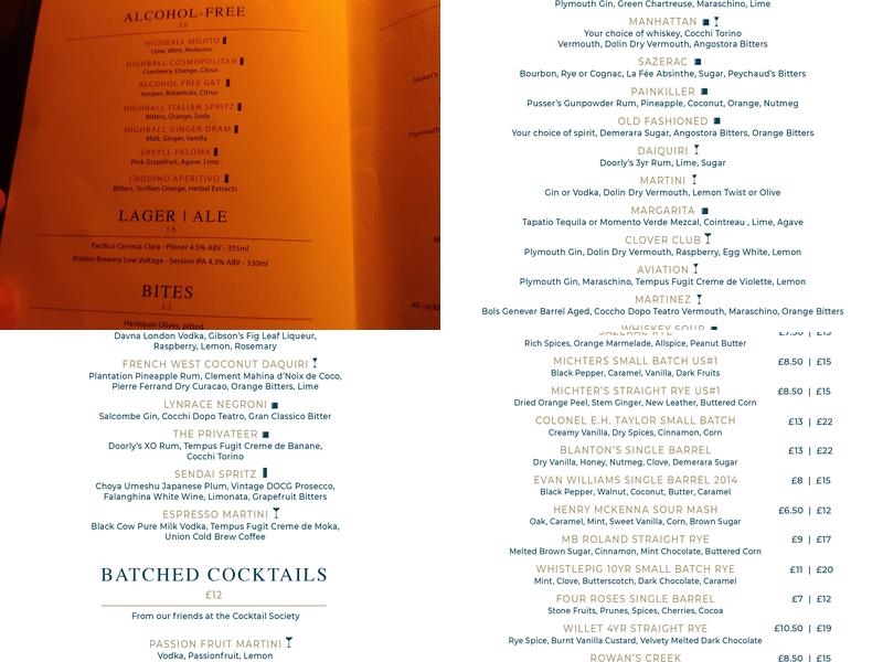 Lynrace Spirit & Cocktail Bar Oxford Menu