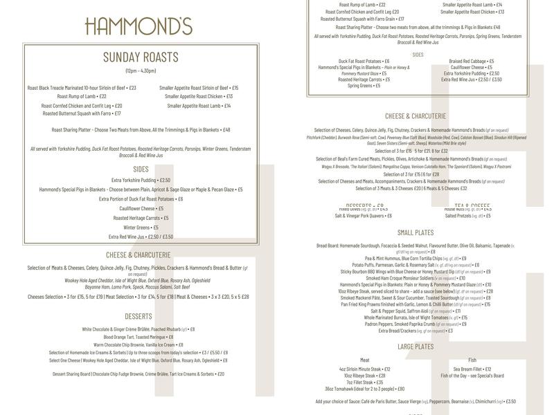 Hammond's Restaurant & Wine Bar Menu