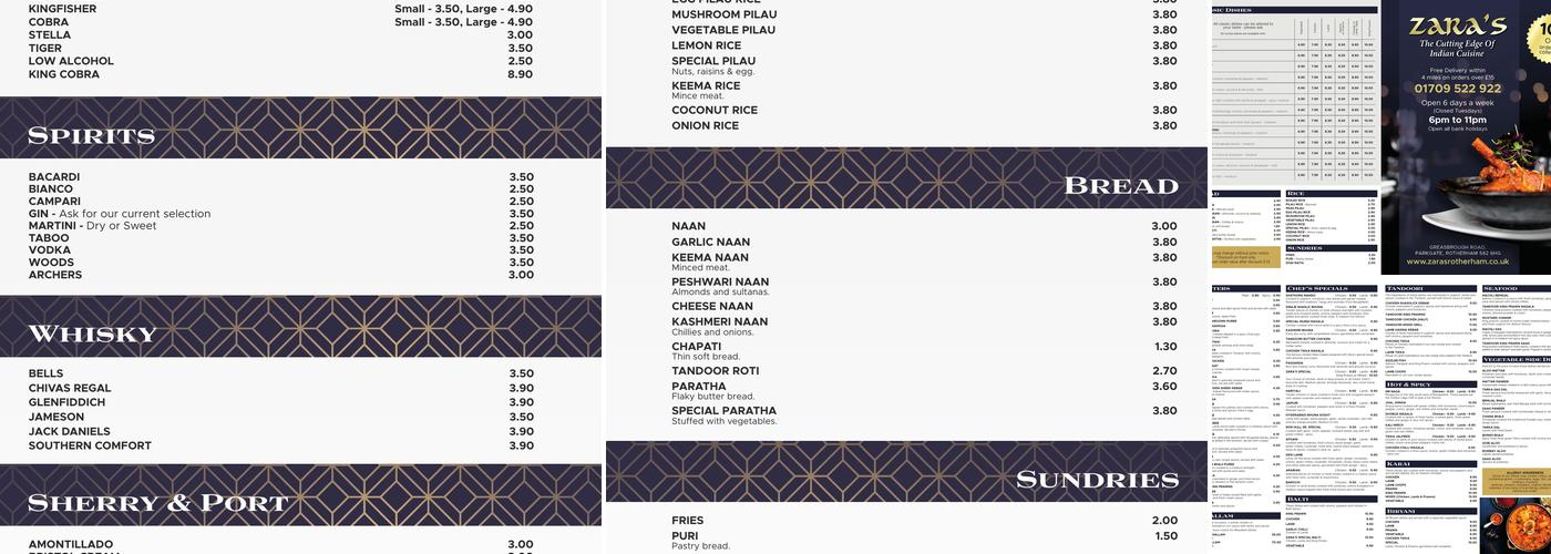 Zara's Restaurant Rotherham Menu