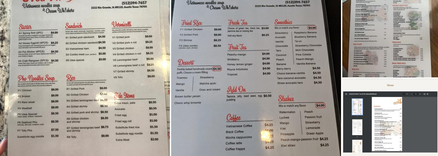 UTea Pho Menu