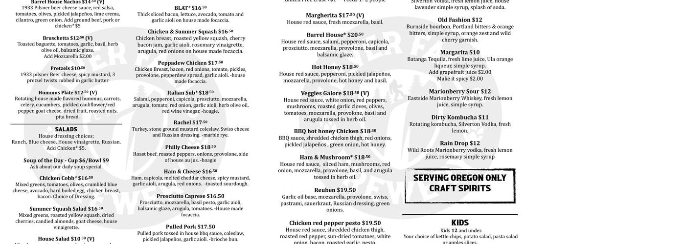 Silver Falls Brewery Menu