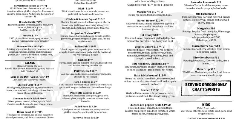 Silver Falls Brewery Menu