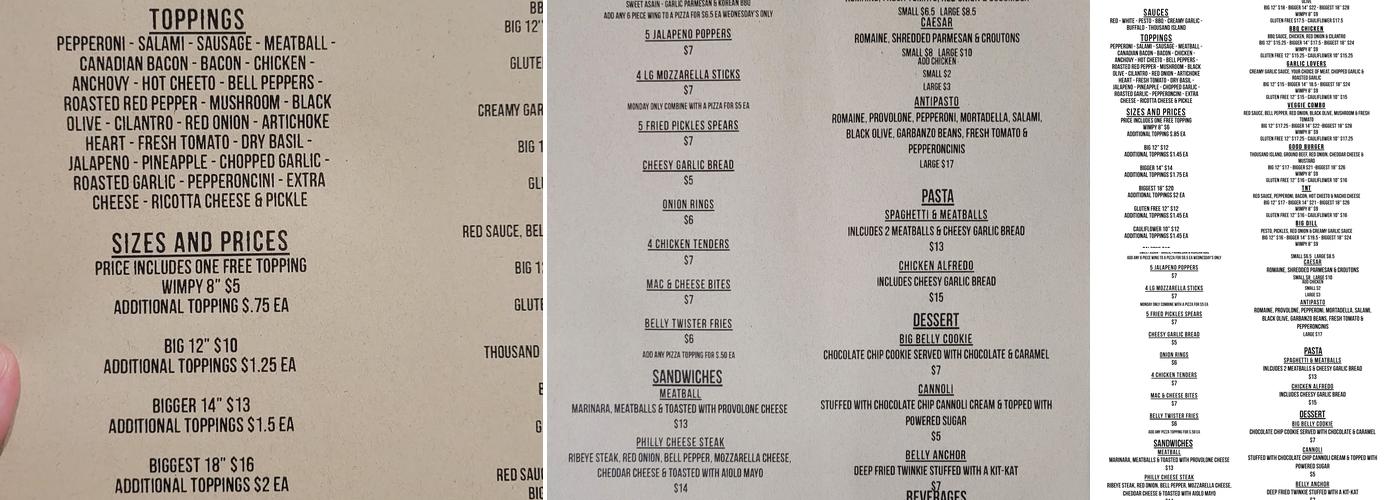 Big Belly Pizza Company Menu