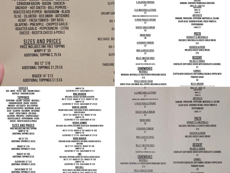 Big Belly Pizza Company Menu