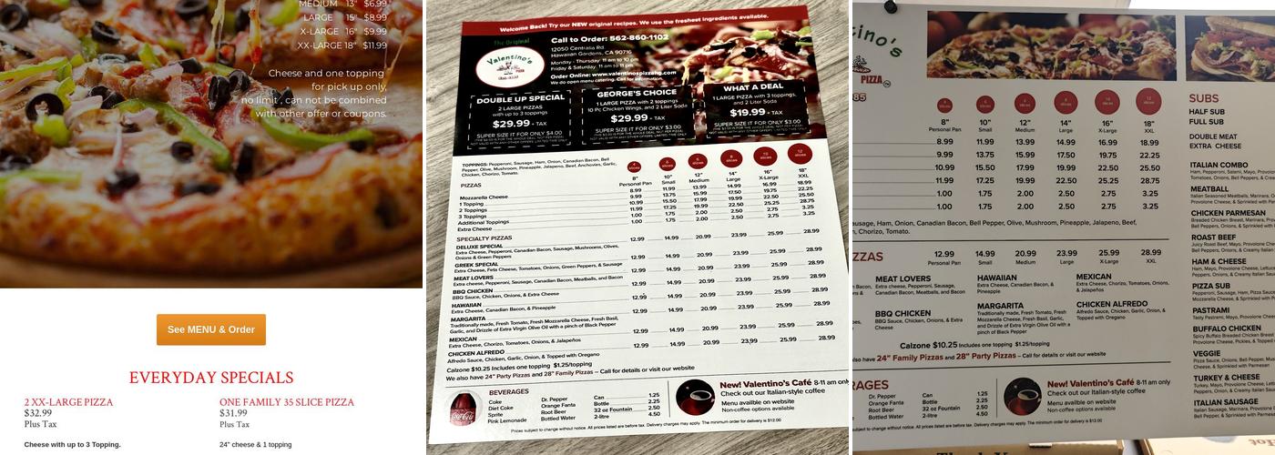 Valentinos Pizza Menu