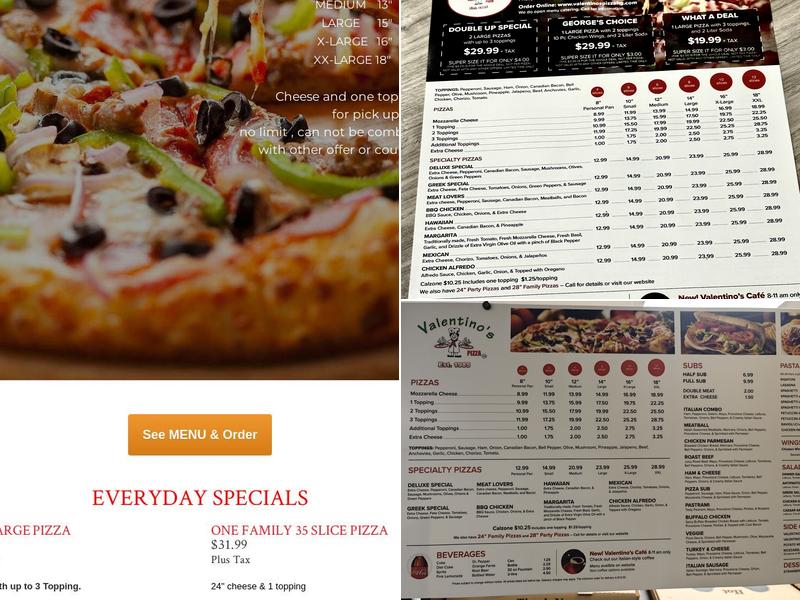 Valentinos Pizza Menu