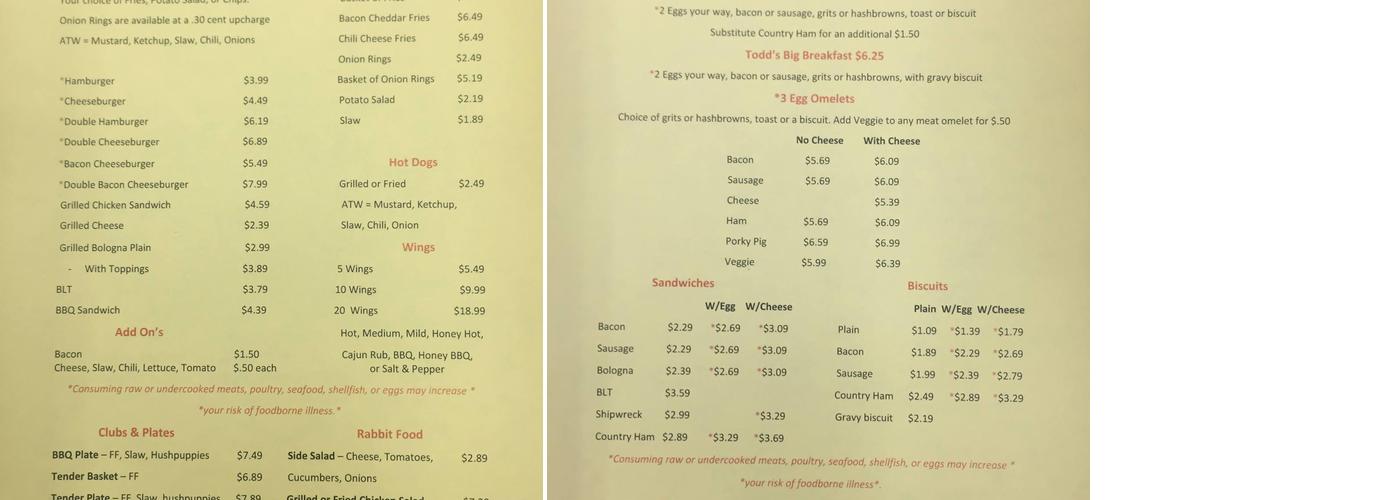 Gordon's Gas Grill Menu