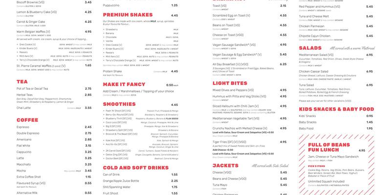 Full of Beans Peterborough Menu