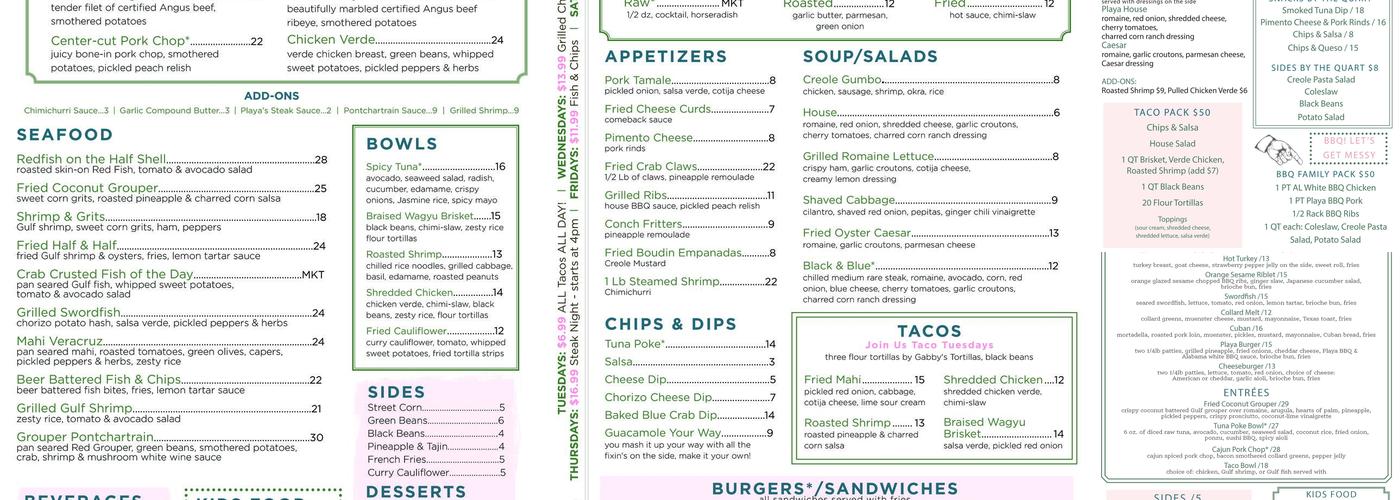 Playa Restaurant Menu