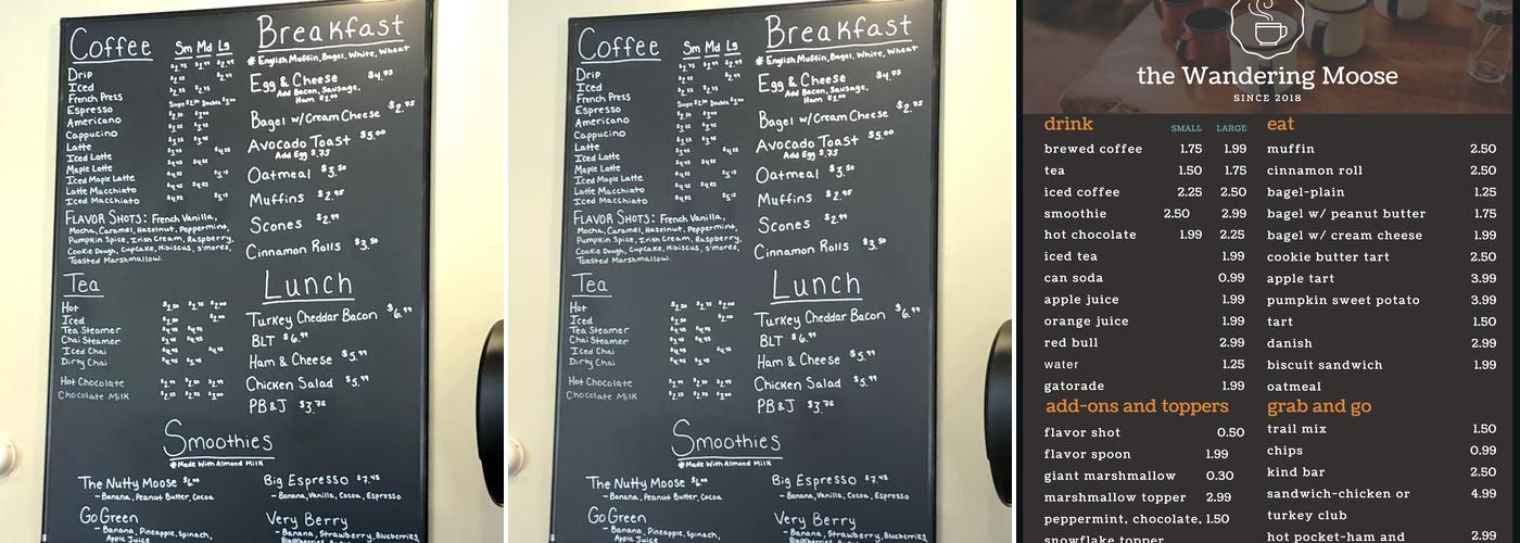 Wandering Moose Coffee and Gift Shop Menu